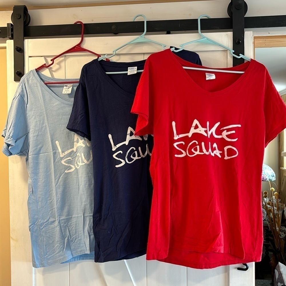 Port & Co: 3 Lake Squad Tees blue/red/navy. Two size XL, one XXL. 100% cotton